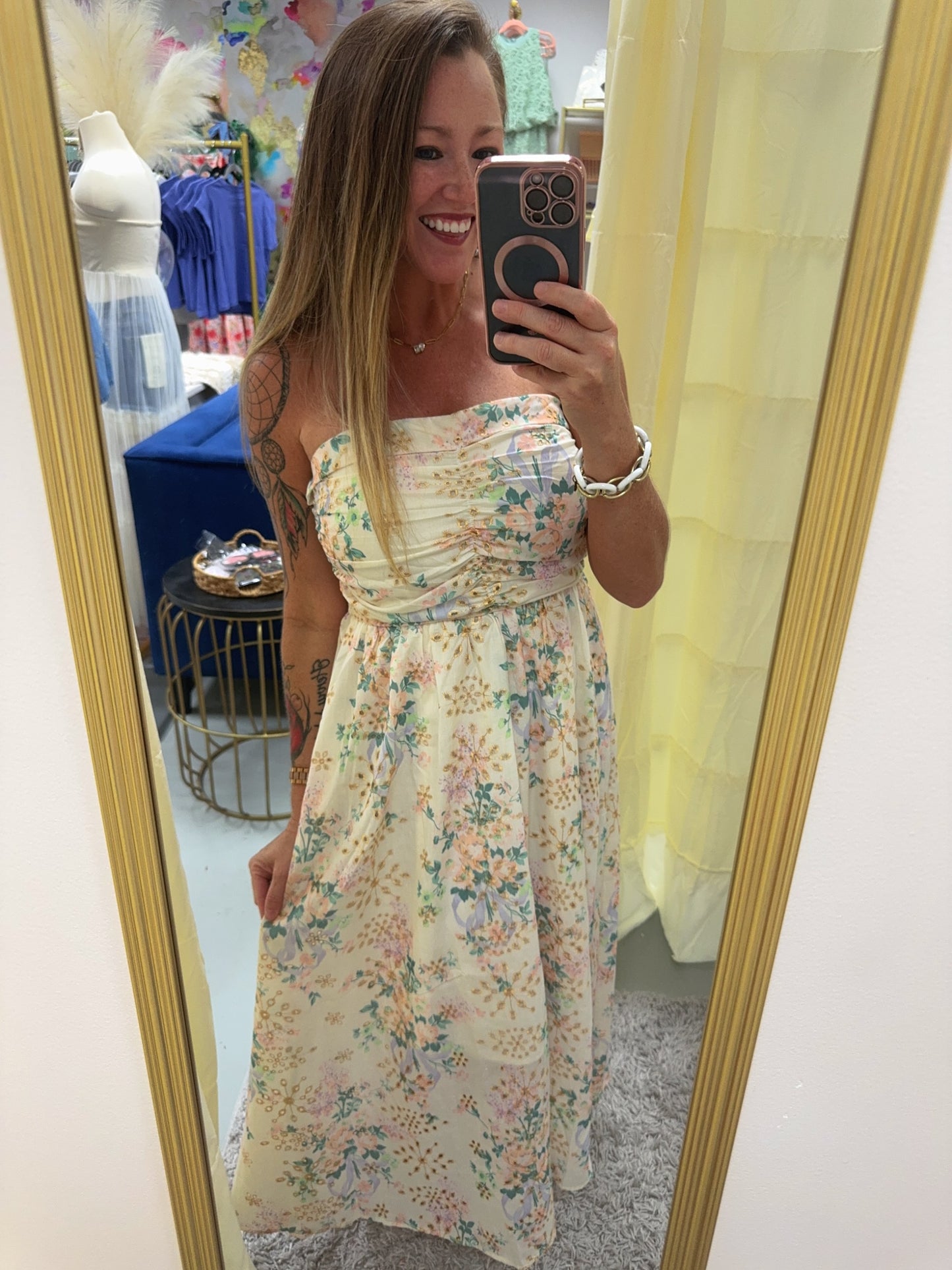 Floral Lace Runched Maxi Tube Dress