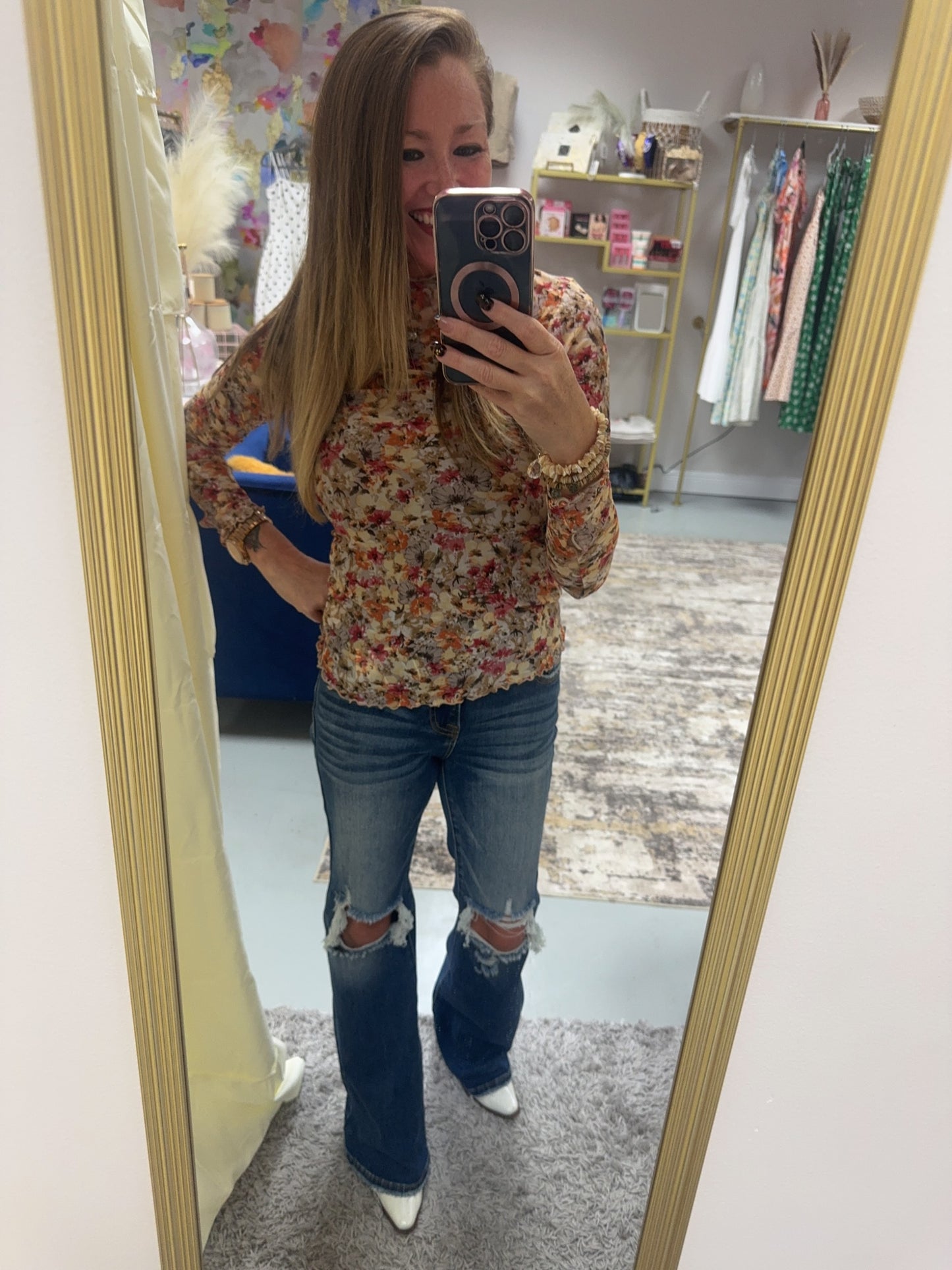 Floral Mesh Print Mock Neck Long Sleeve Top