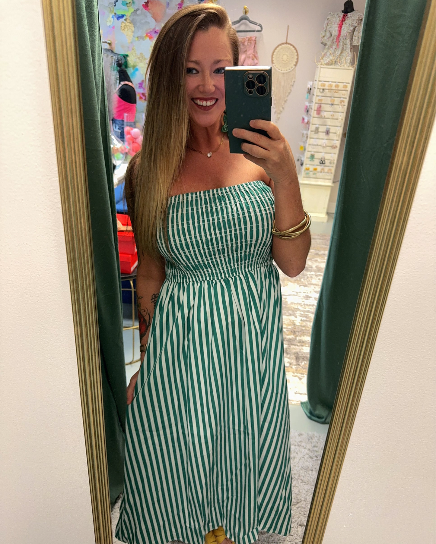 Beautiful Stripes In Green Smocked Maxi Sundress