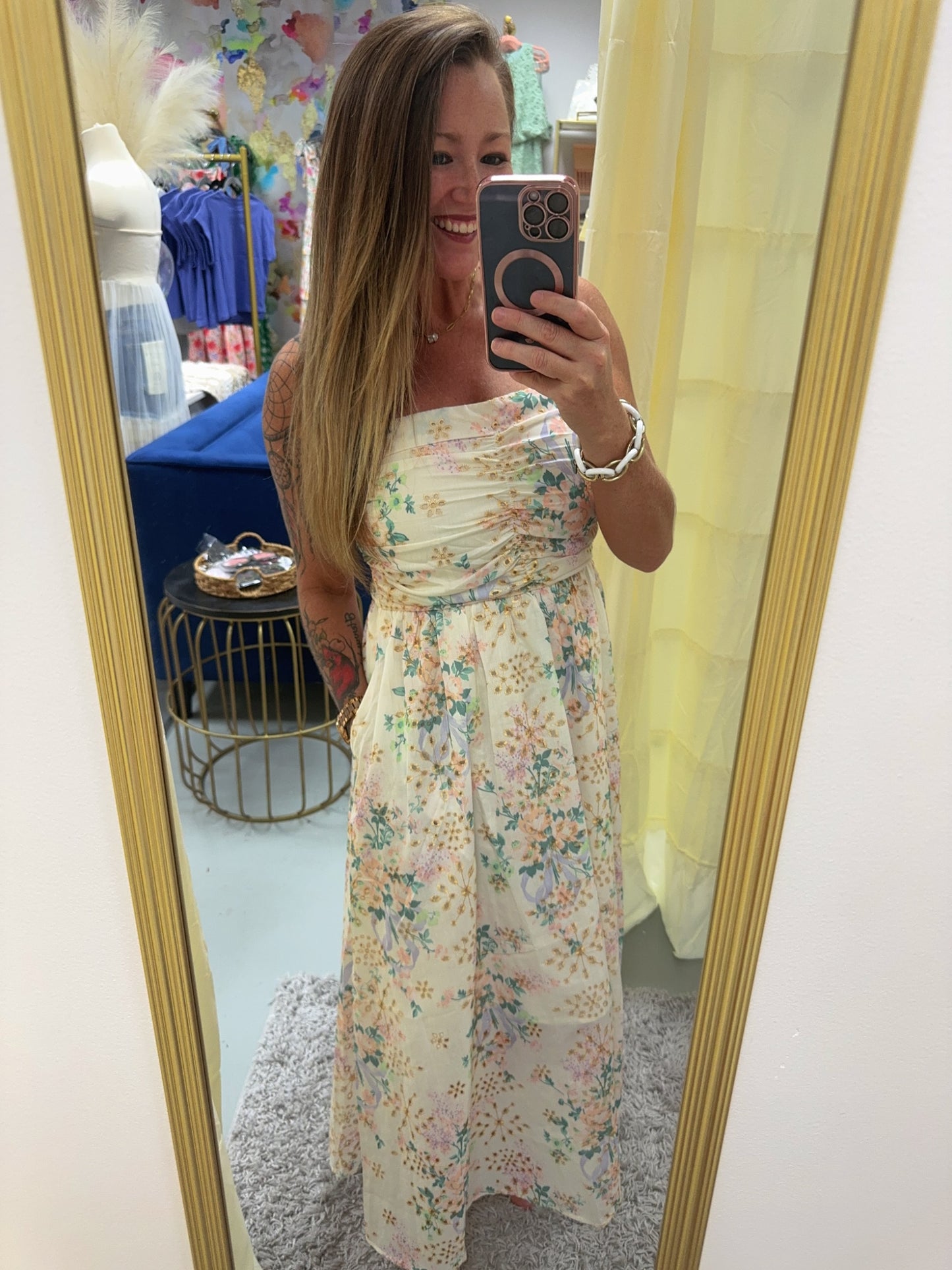Floral Lace Runched Maxi Tube Dress