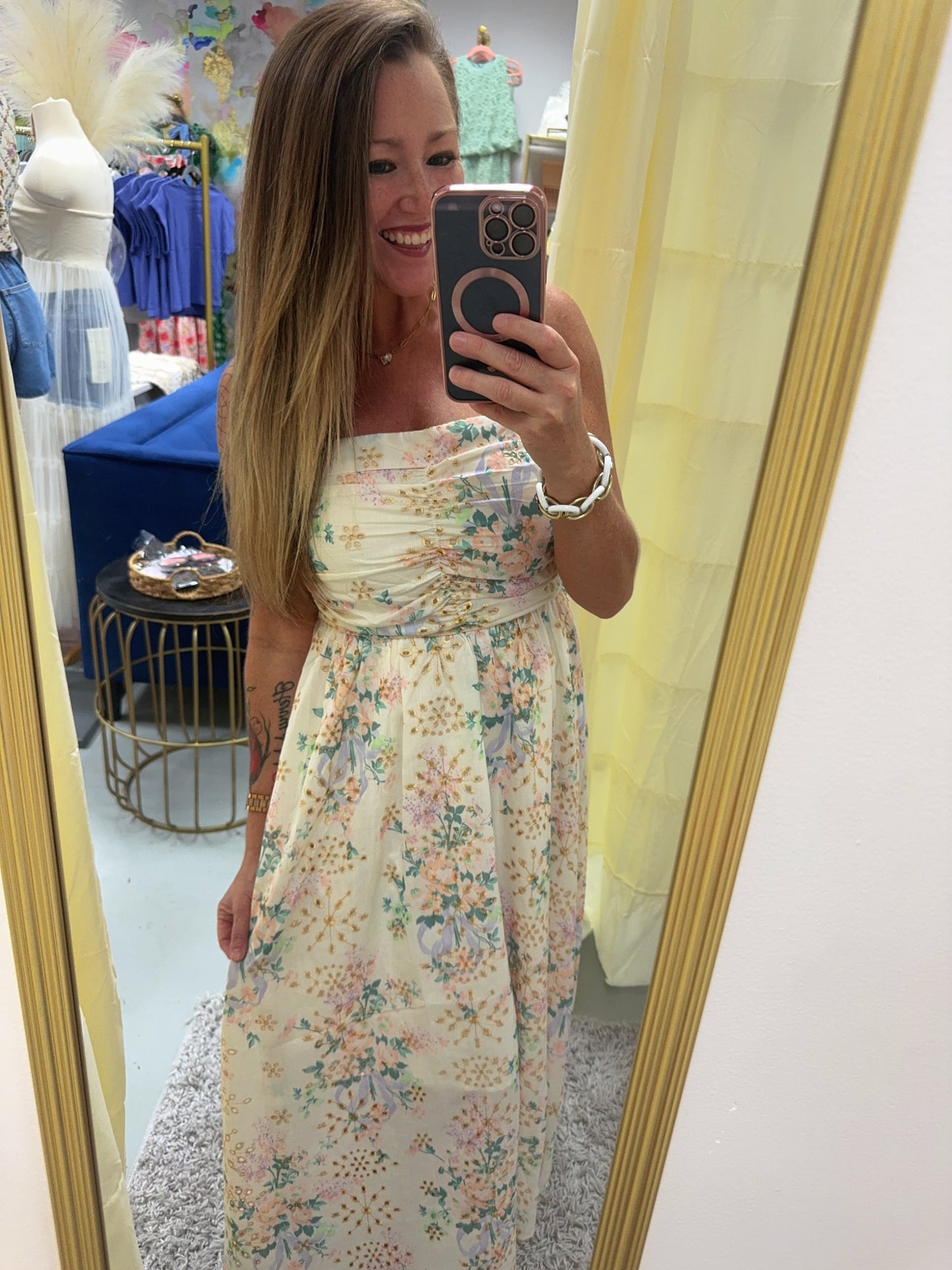 Floral Lace Runched Maxi Tube Dress
