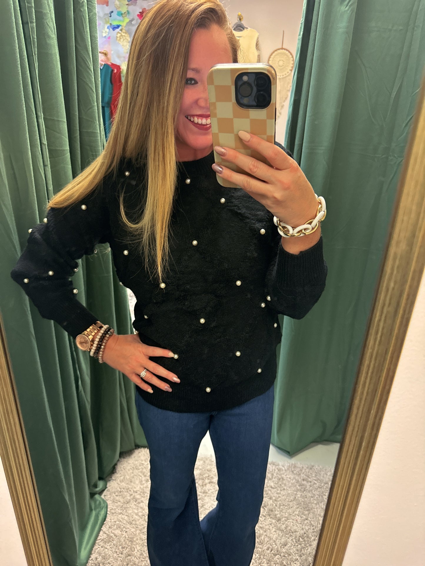 Pearl Embellished Rhombus Pattern Sweater