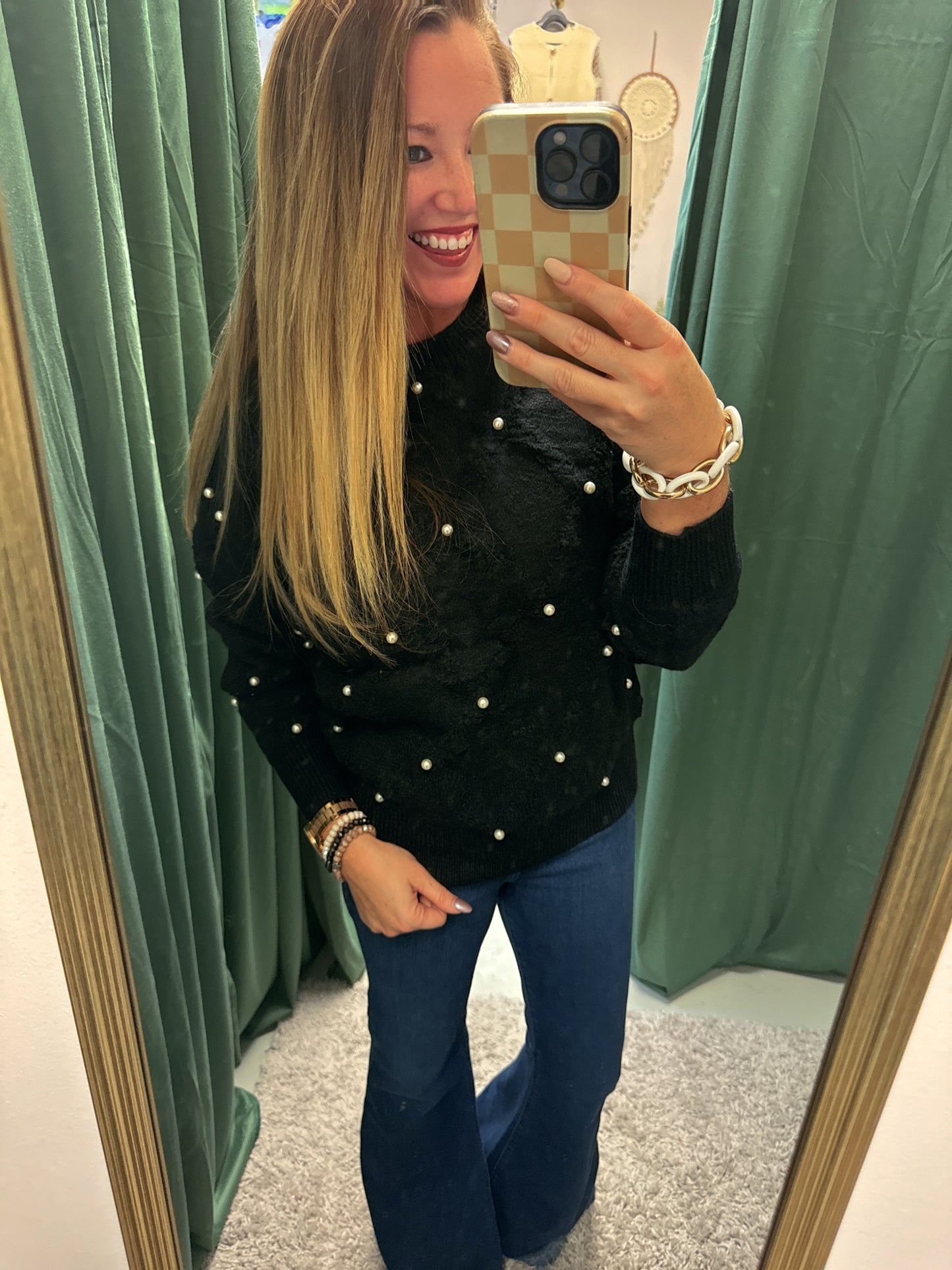 Pearl Embellished Rhombus Pattern Sweater