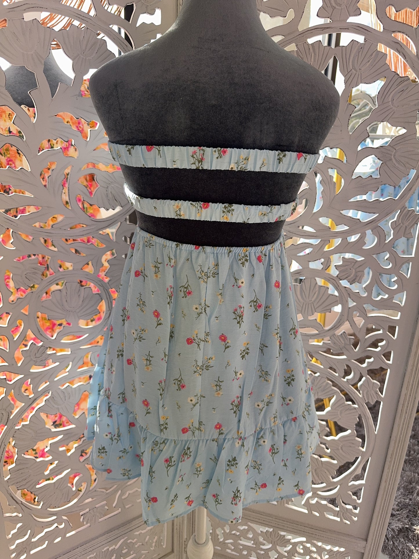 Baby Blue Floral Strapless Dress