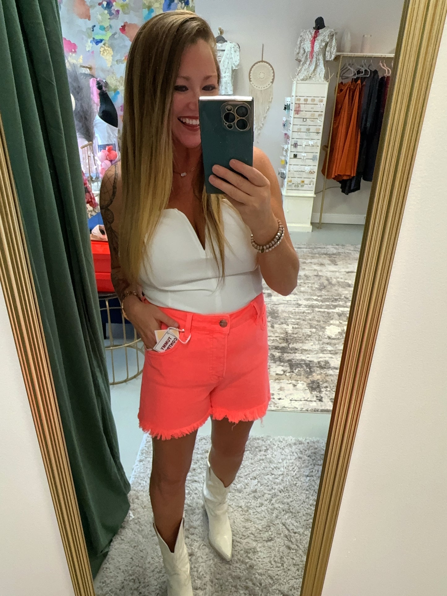 CORAL RISEN TUMMY CONTROL HIGH RISE FRAY HEM SHORTS