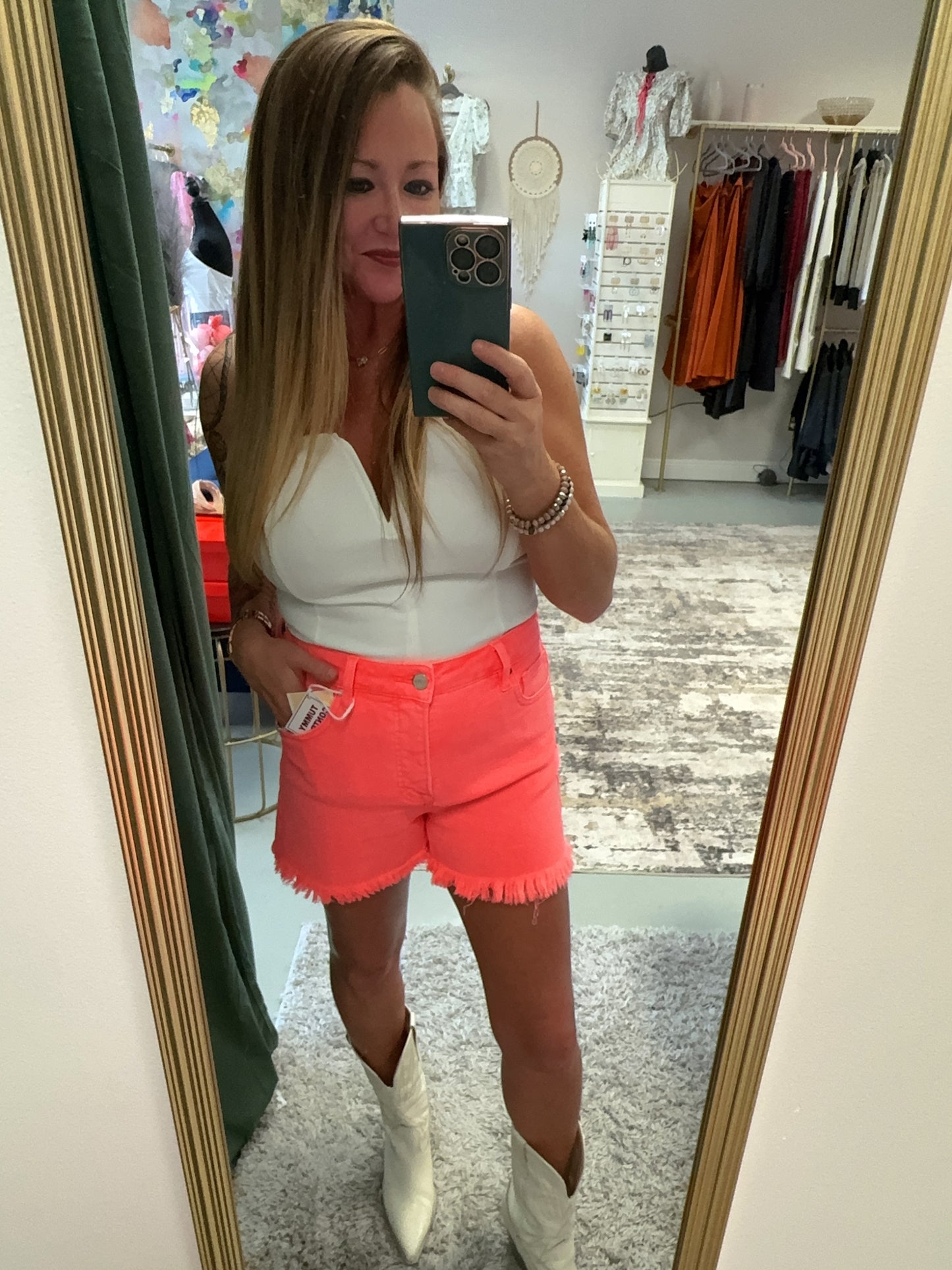 CORAL RISEN TUMMY CONTROL HIGH RISE FRAY HEM SHORTS