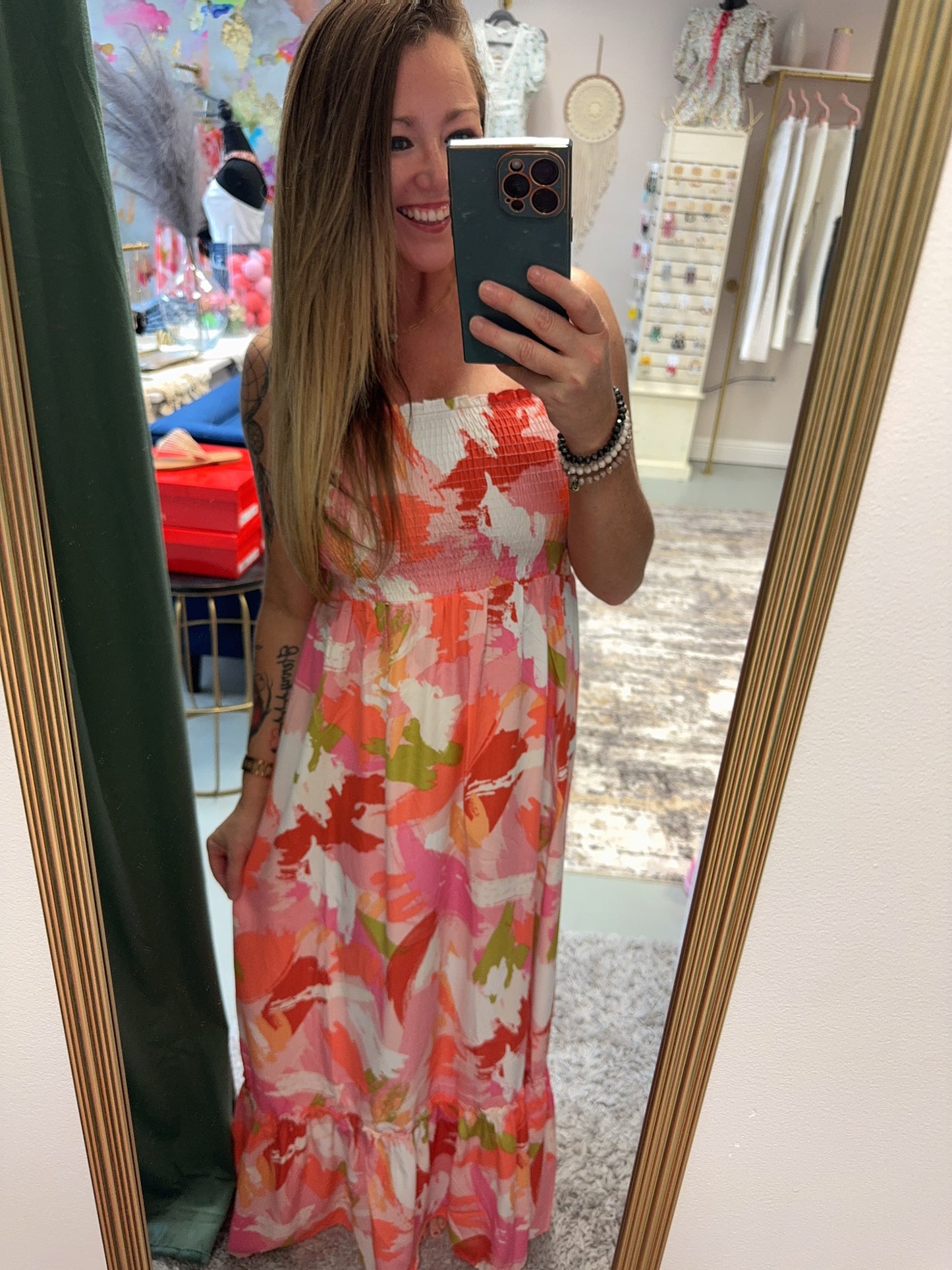 On Vacation Strapless Floral Print Smocked Maxi Dress