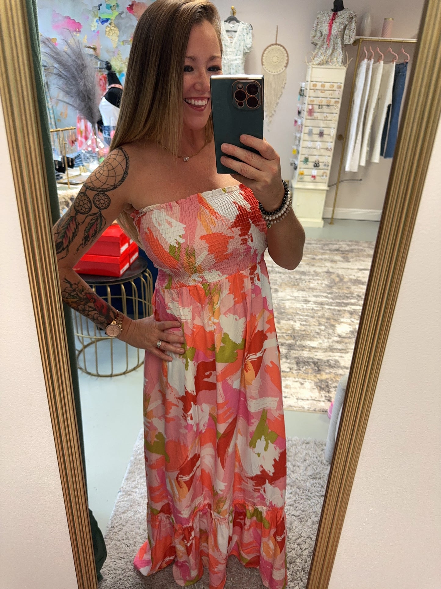 On Vacation Strapless Floral Print Smocked Maxi Dress