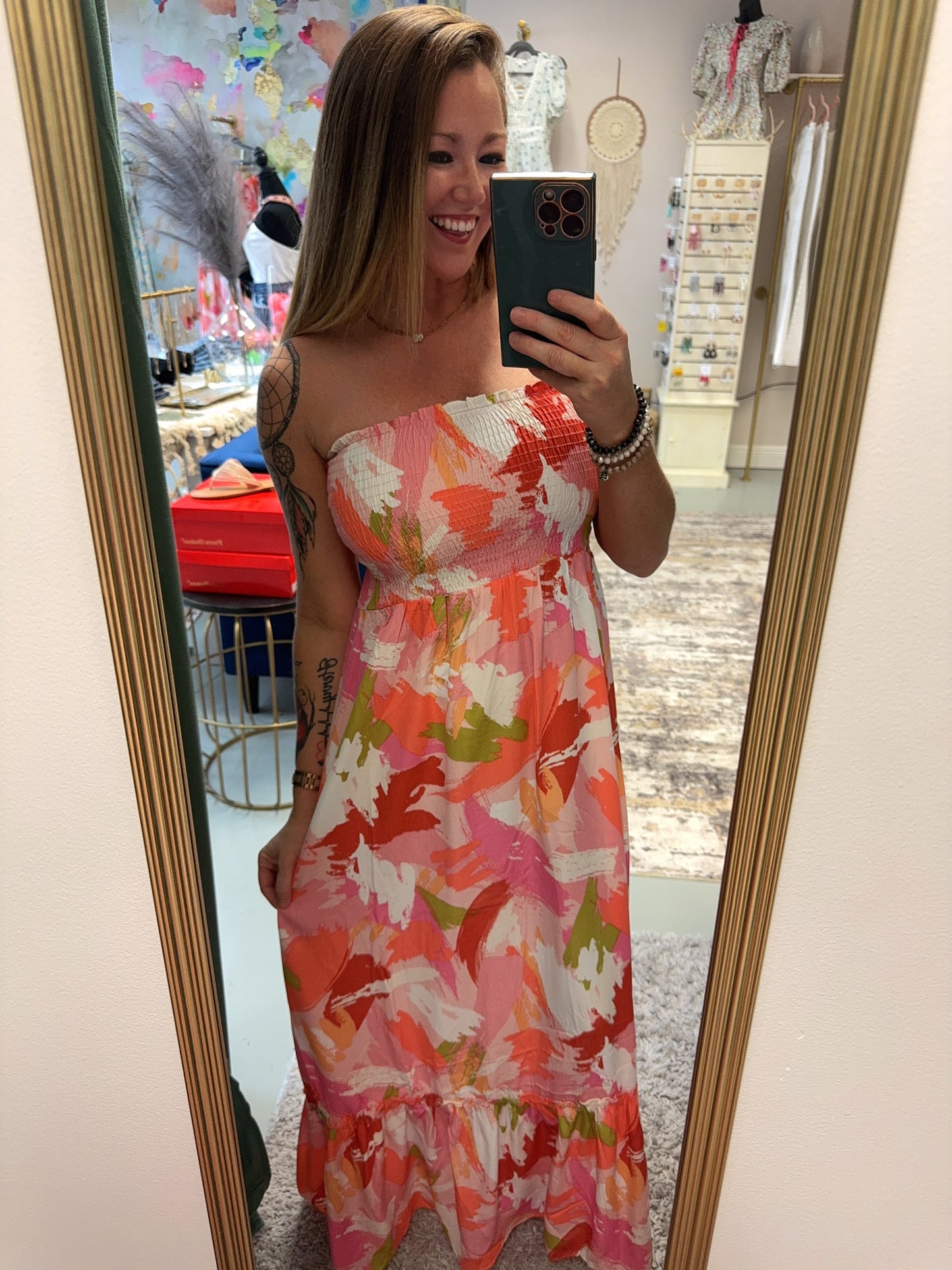 On Vacation Strapless Floral Print Smocked Maxi Dress