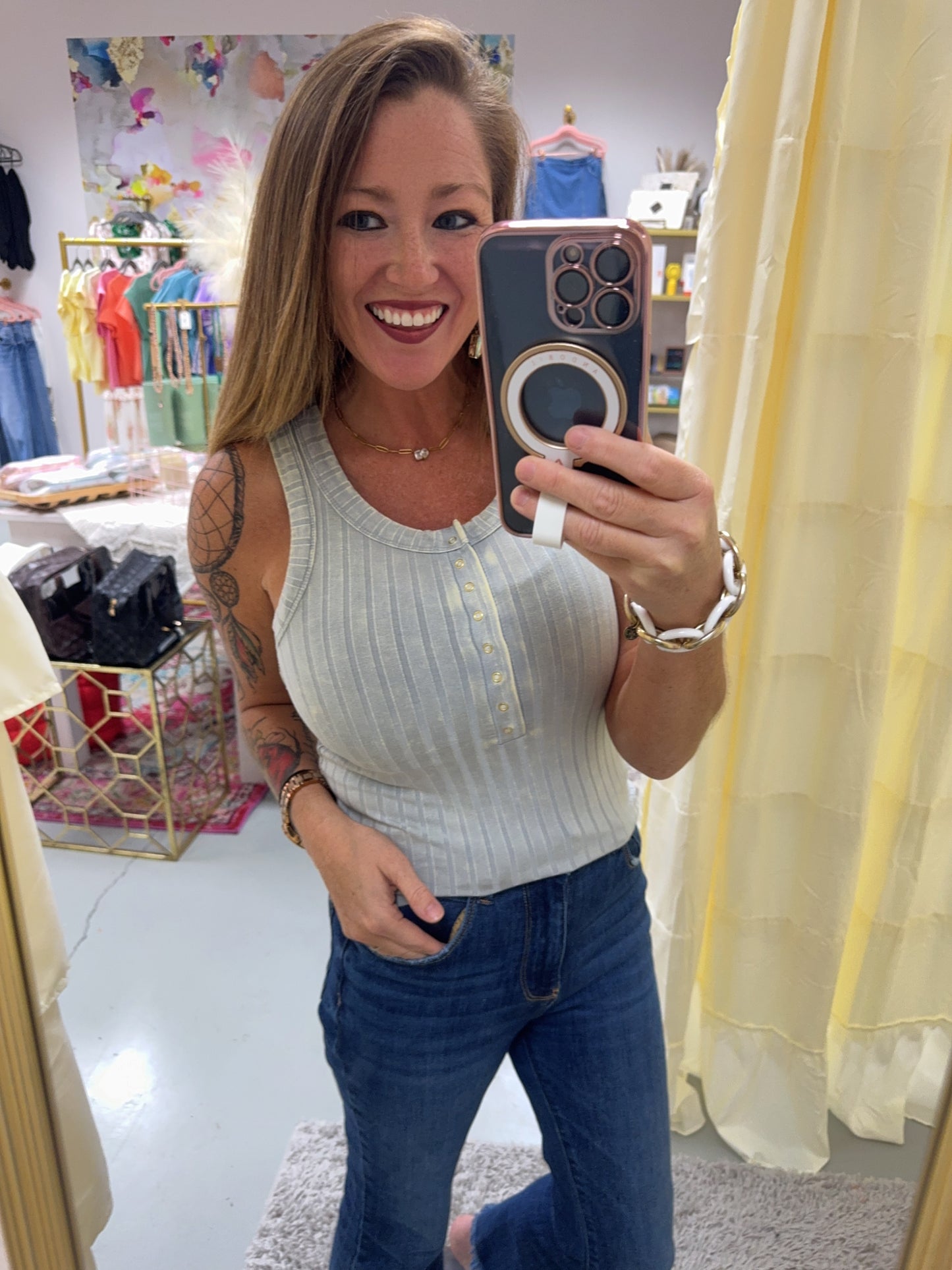 Light Grey Washed Ribbed Scoop Henry Tank Top