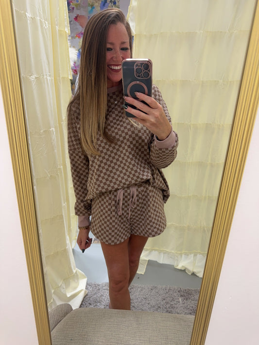 Mocha Checkerboard Knit Pullover & Short Set