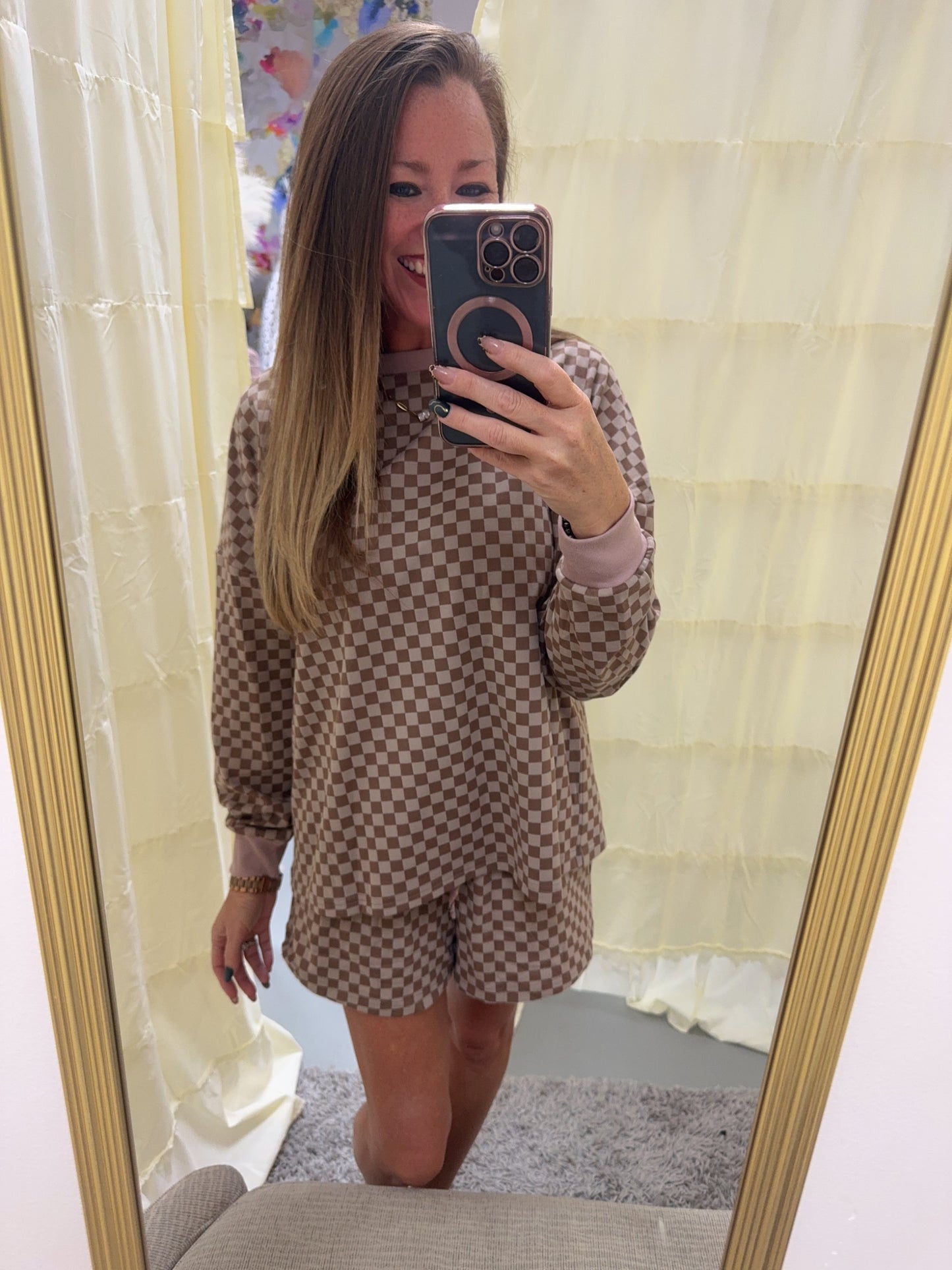Mocha Checkerboard Knit Pullover & Short Set