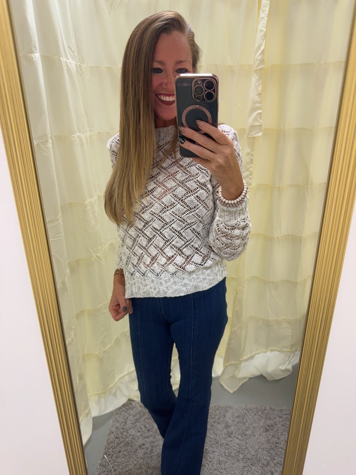 Open Crochet Off White Knit Sweater Pullover