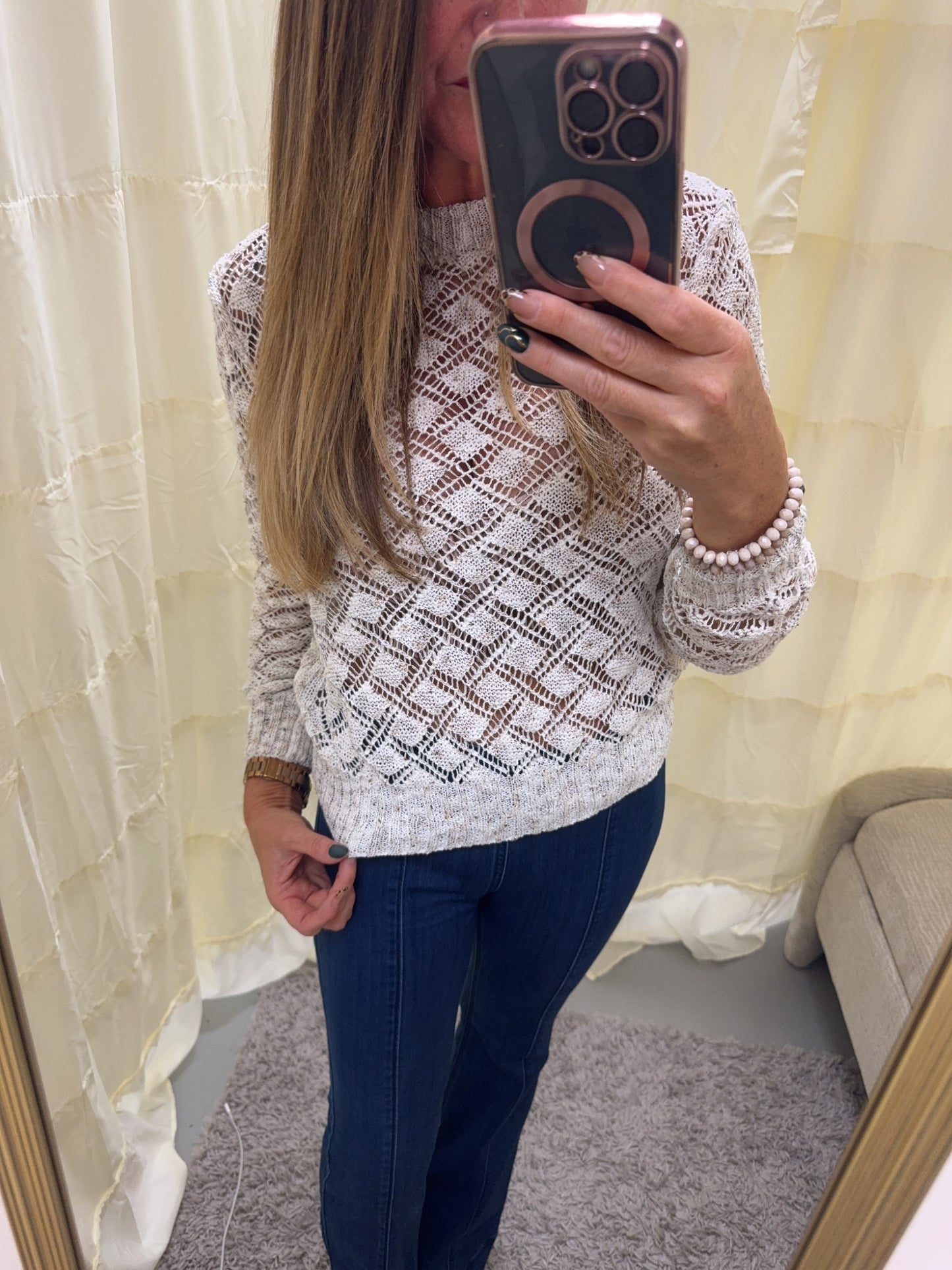Open Crochet Off White Knit Sweater Pullover