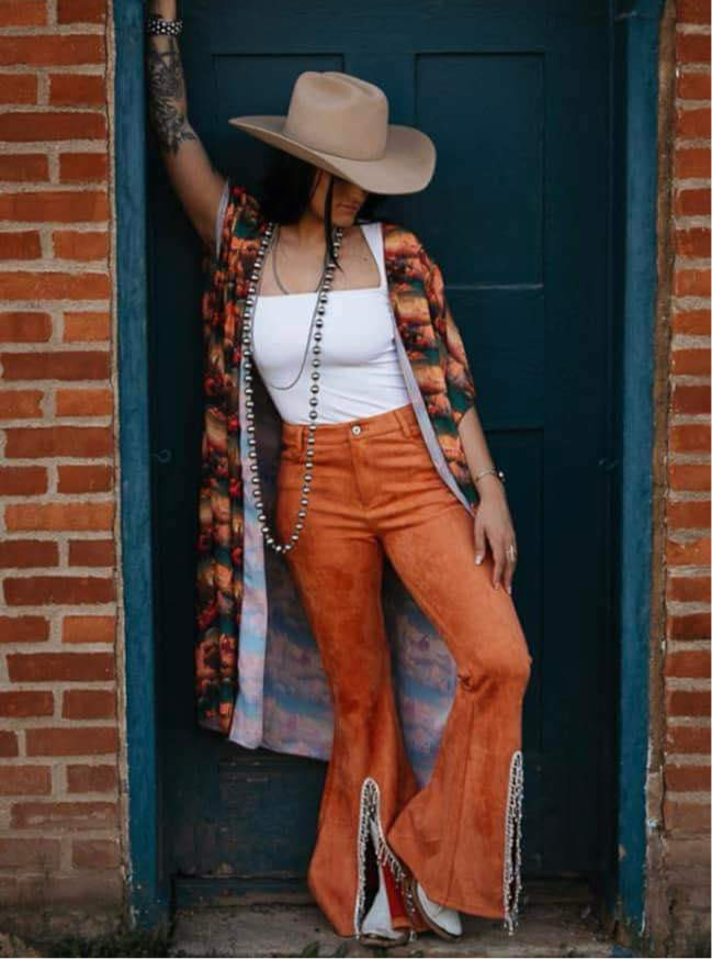 Rust Suede Flare Jeans W Rhinestone Hem Slit