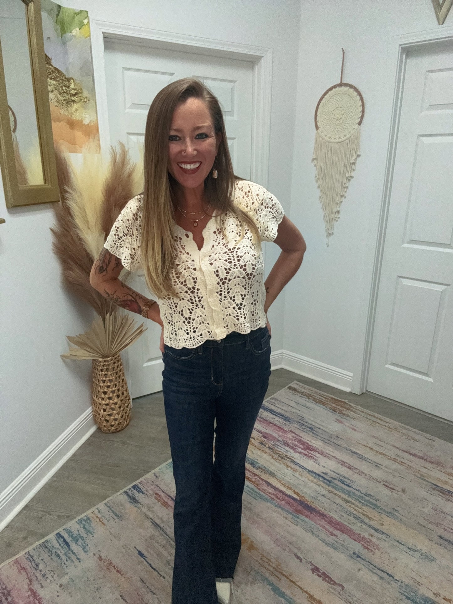 Crochet Short Sleeve Button Down Crop Cardigan