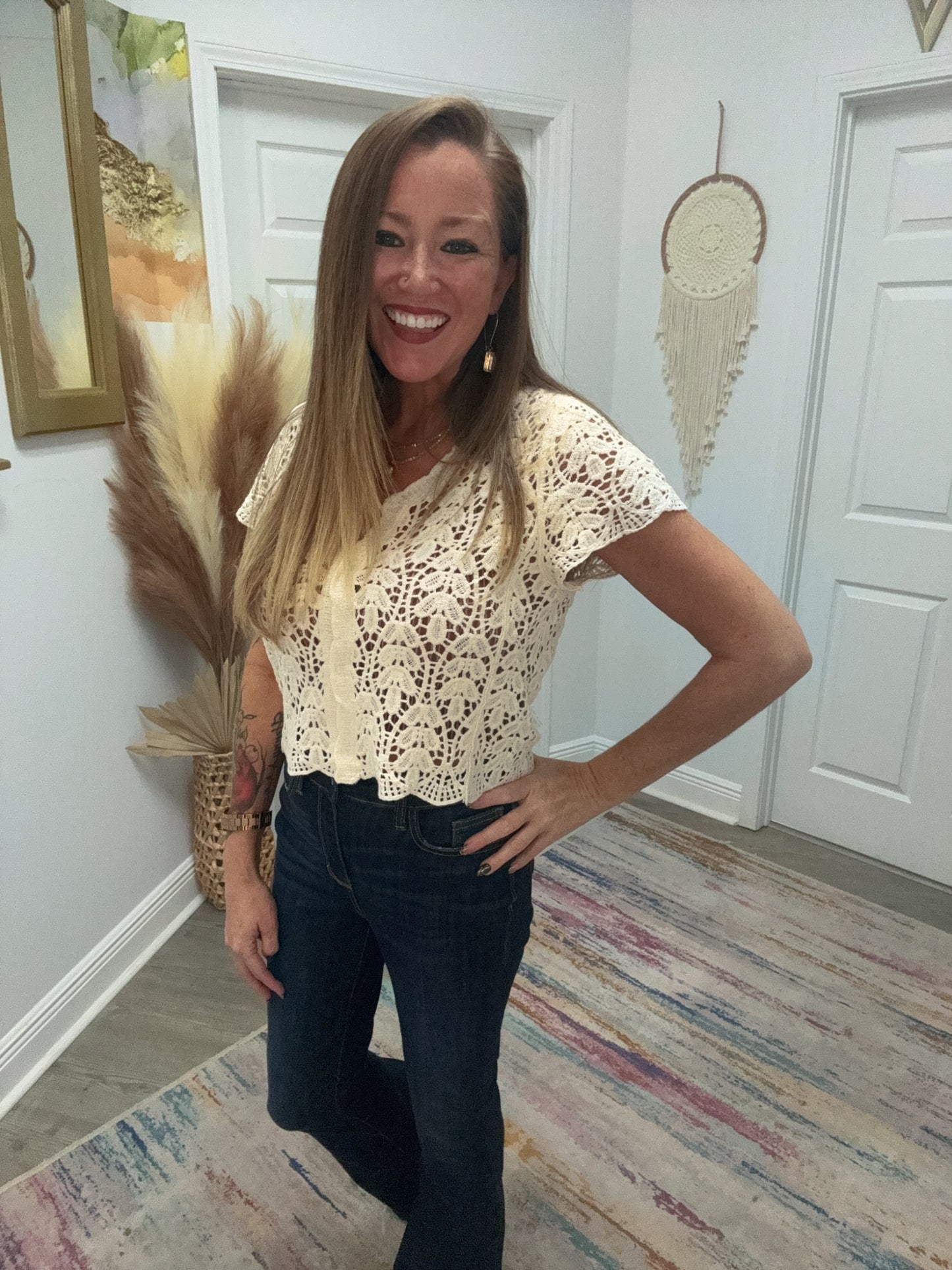 Crochet Short Sleeve Button Down Crop Cardigan