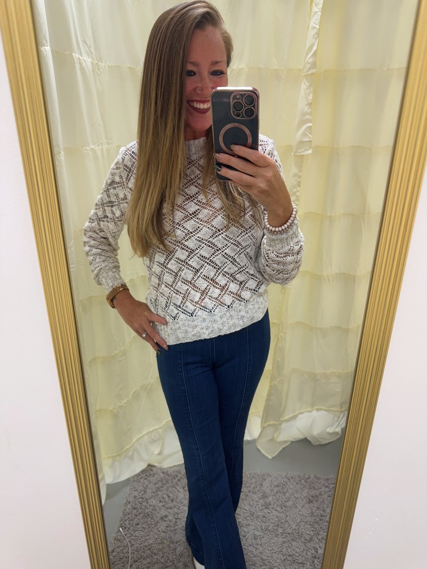 Open Crochet Off White Knit Sweater Pullover
