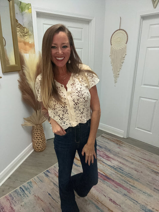 Crochet Short Sleeve Button Down Crop Cardigan