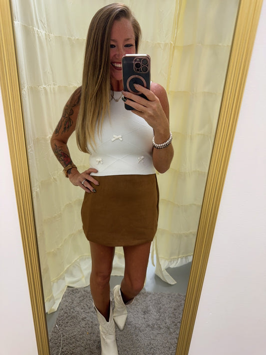 Cognac Faux Suede Front Overlay Mini Skort