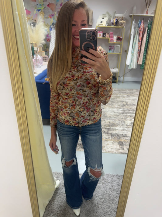 Floral Mesh Print Mock Neck Long Sleeve Top