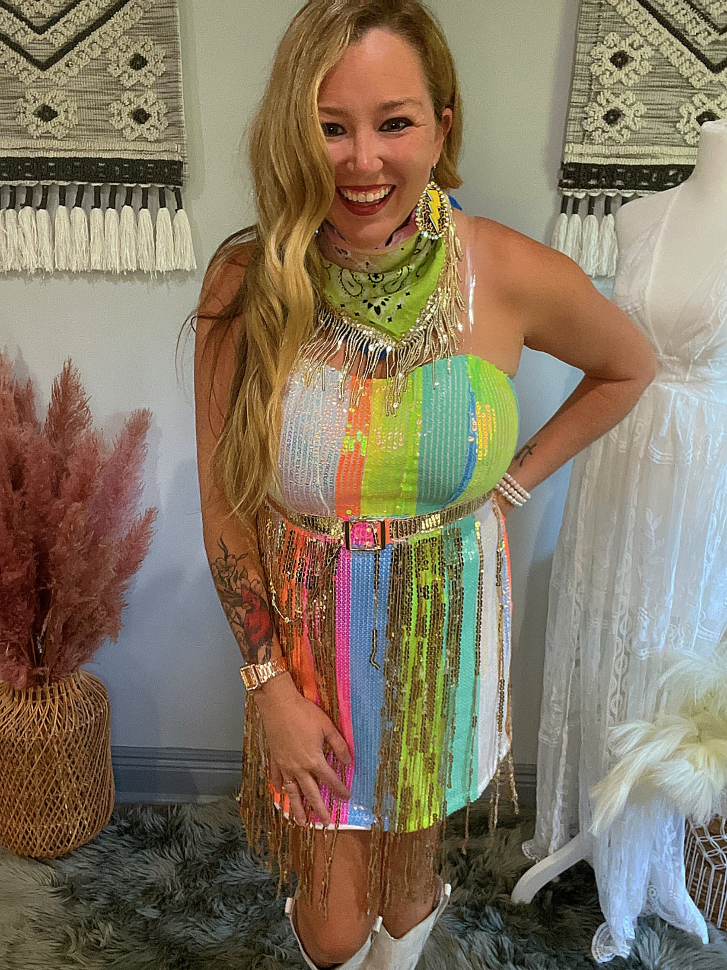 Rainbow Sequin Dress With Matching Bandana