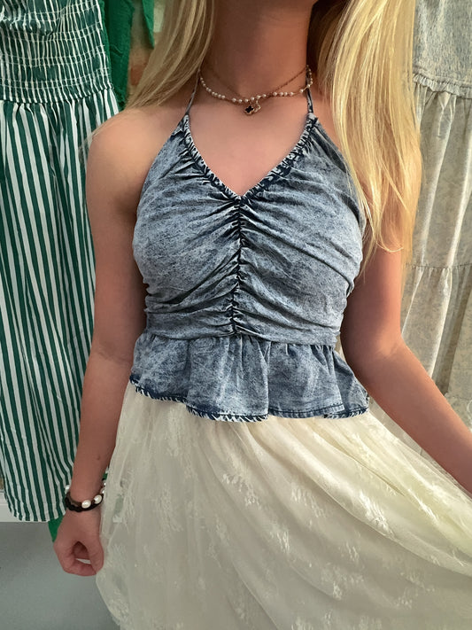 On The Ranch Washed Denim Ruched Halter Top