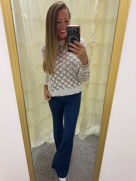 Open Crochet Off White Knit Sweater Pullover