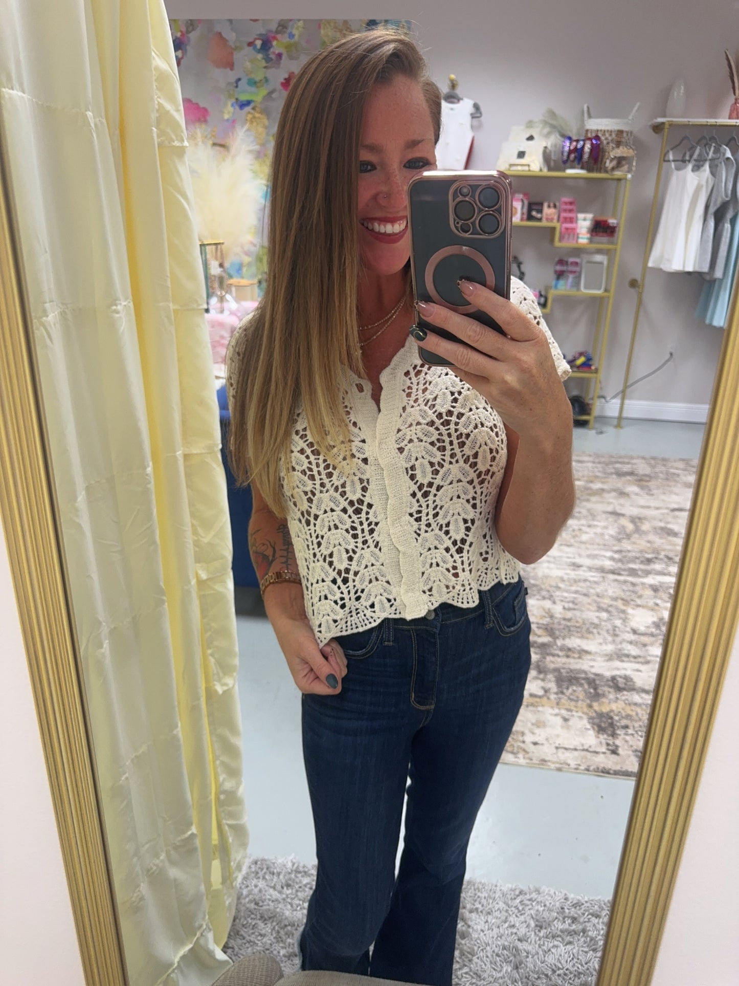 Crochet Short Sleeve Button Down Crop Cardigan