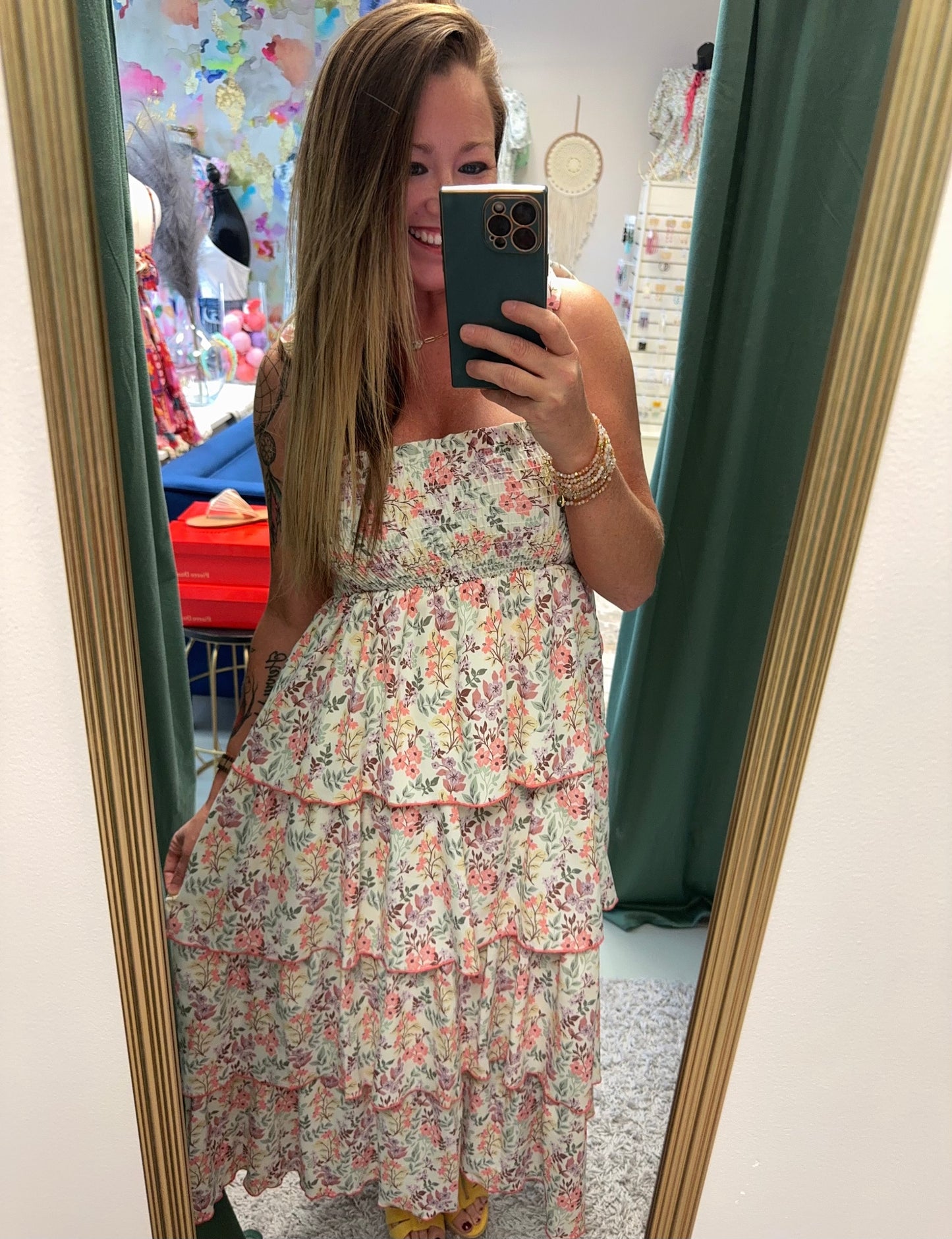 Smocked Blush Tube Floral Print Tiered Midi Dress