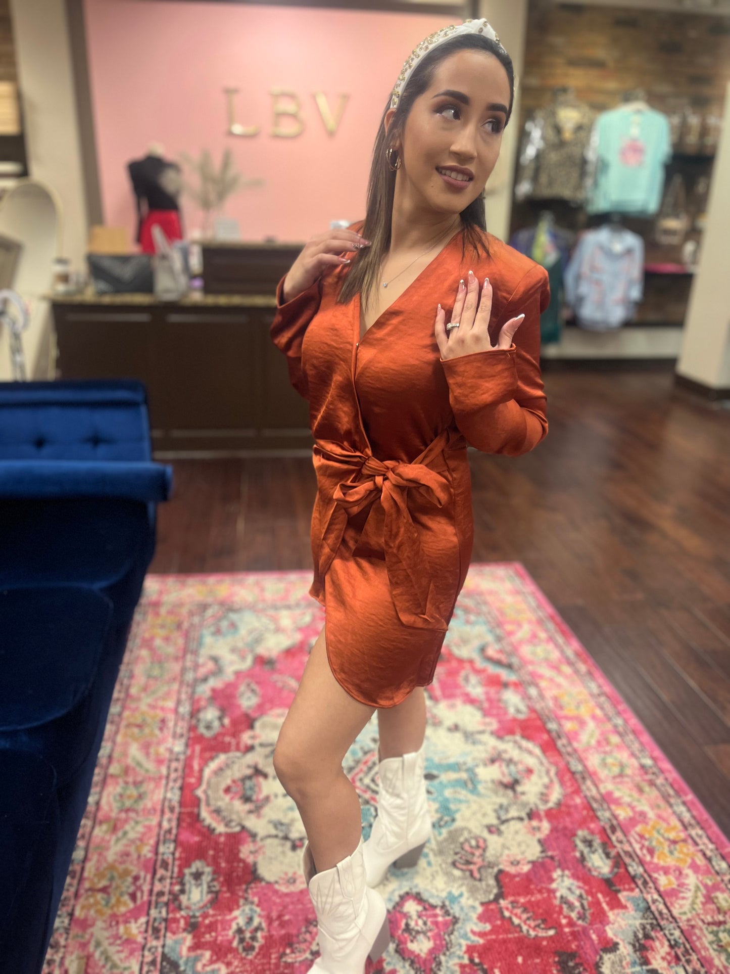 Rust Satin Wrap Dress