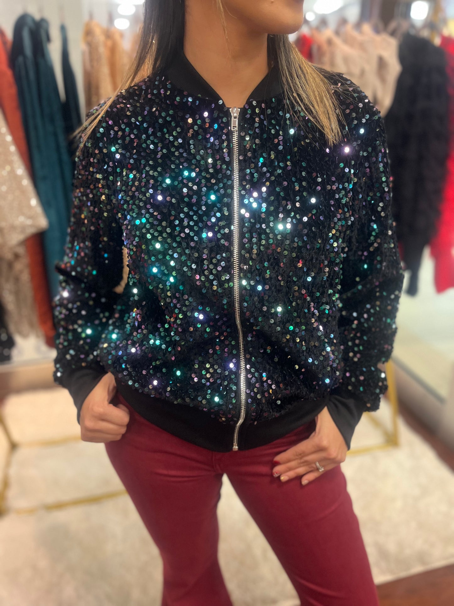 Black Sequin Bomber Jacket