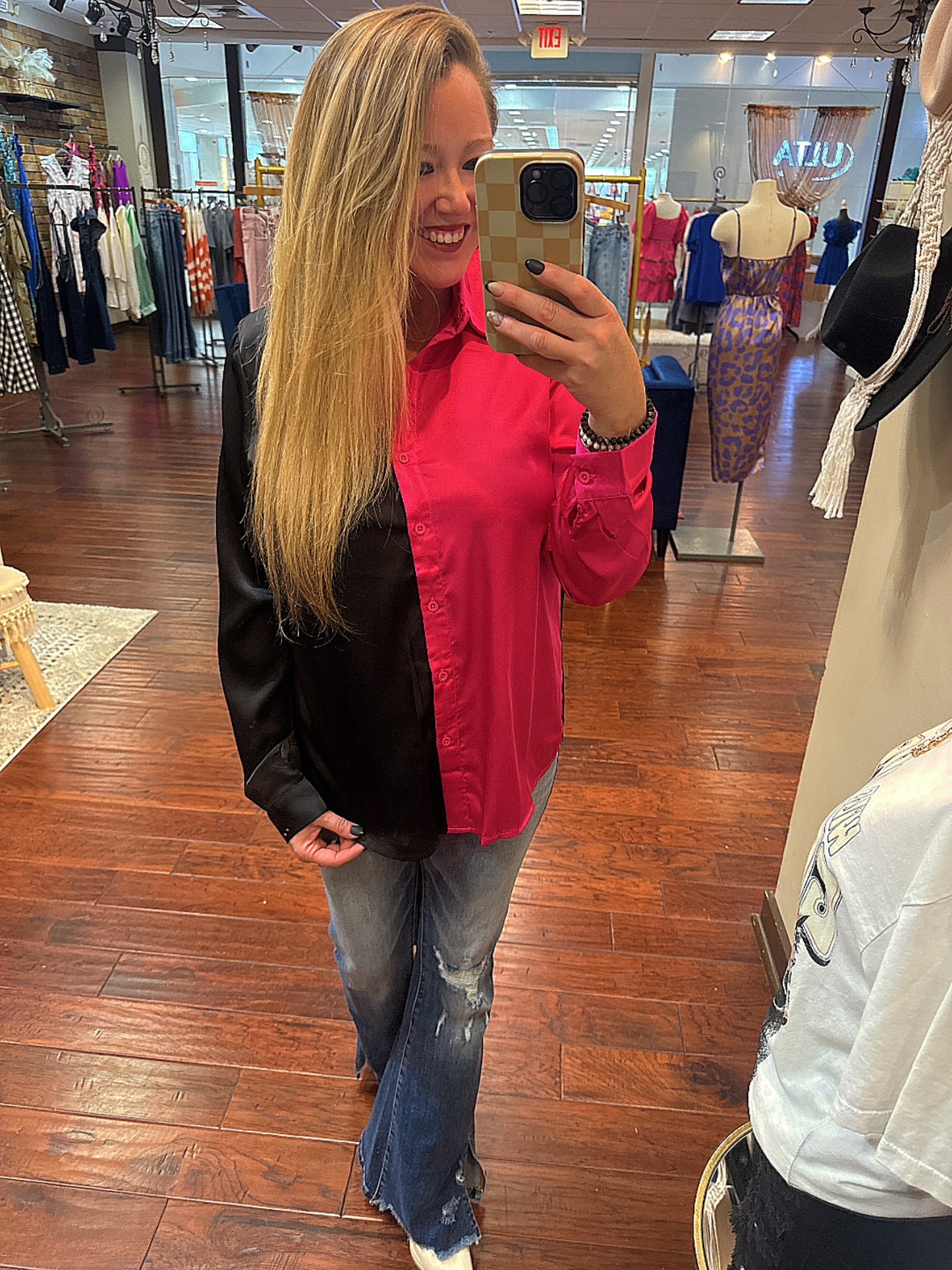 On Trend Button Up Top - Black/Pink