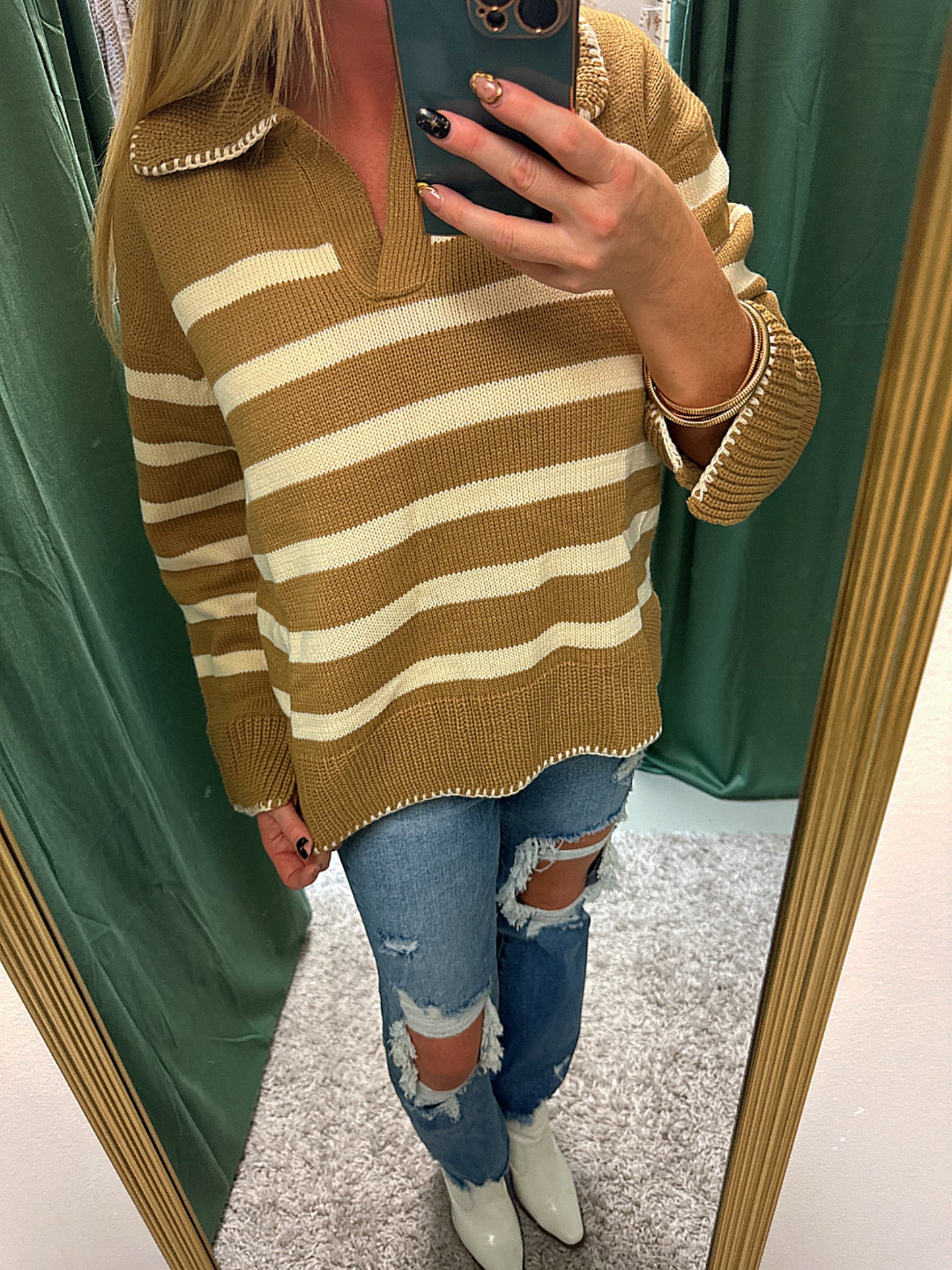 Claire Camel and Ivory Stripe Pattern Knit Sweater