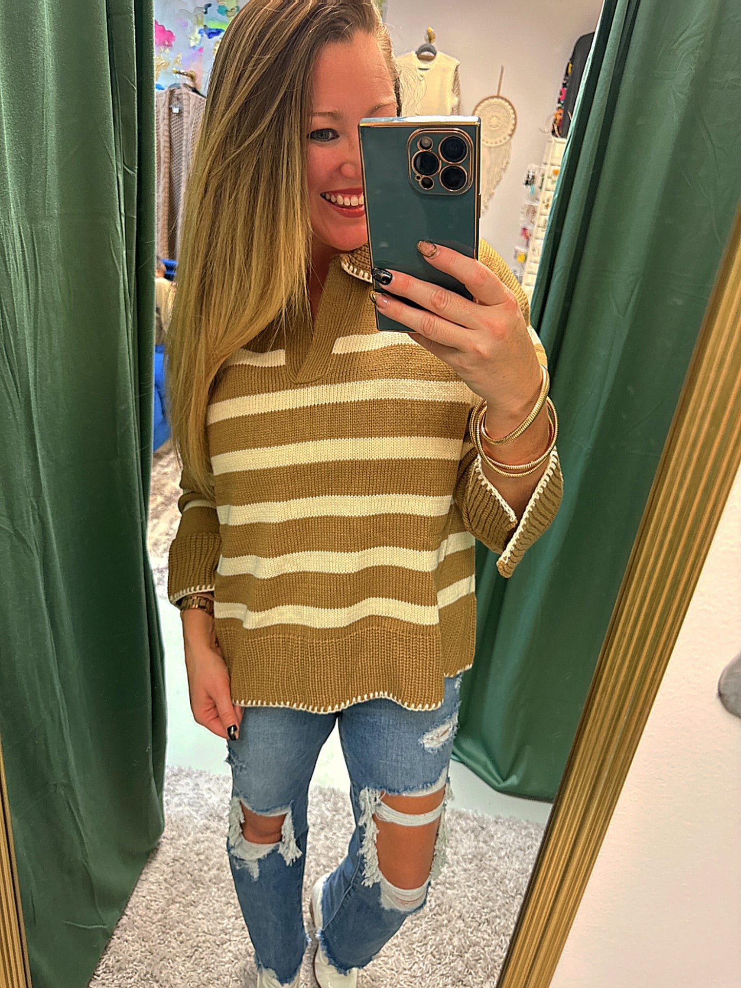 Claire Camel and Ivory Stripe Pattern Knit Sweater