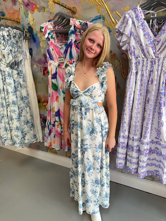 Brunching In Floral Ruffle Detail Cutout Midi Dress