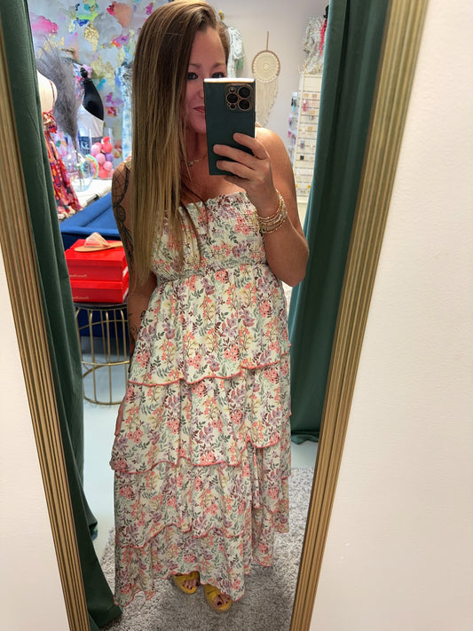 Smocked Blush Tube Floral Print Tiered Midi Dress