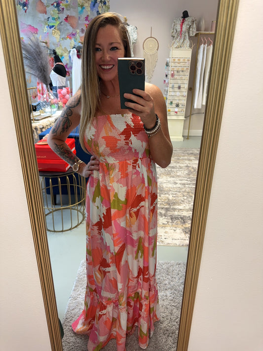 On Vacation Strapless Floral Print Smocked Maxi Dress