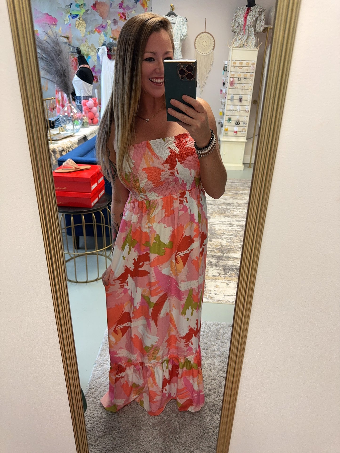 On Vacation Strapless Floral Print Smocked Maxi Dress