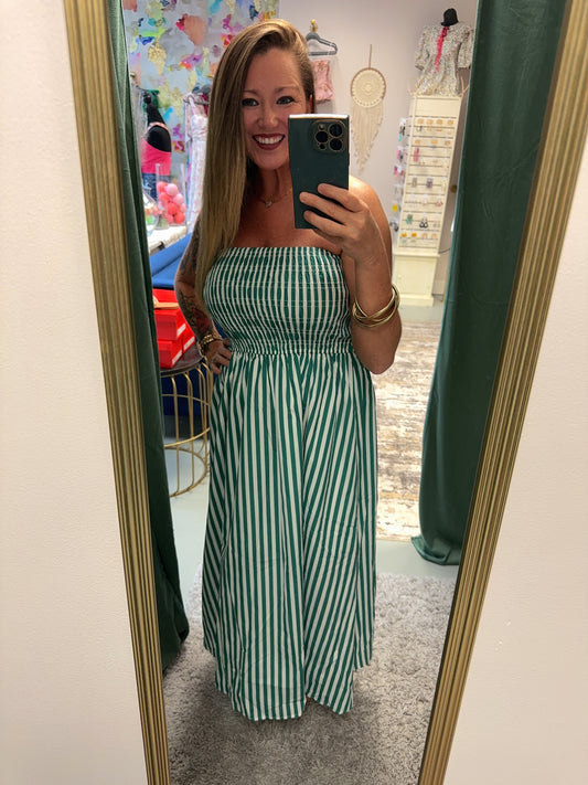 Beautiful Stripes In Green Smocked Maxi Sundress