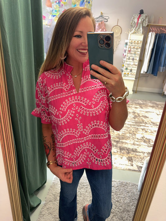 Hot Pink Embroidered Puff Sleeve Top