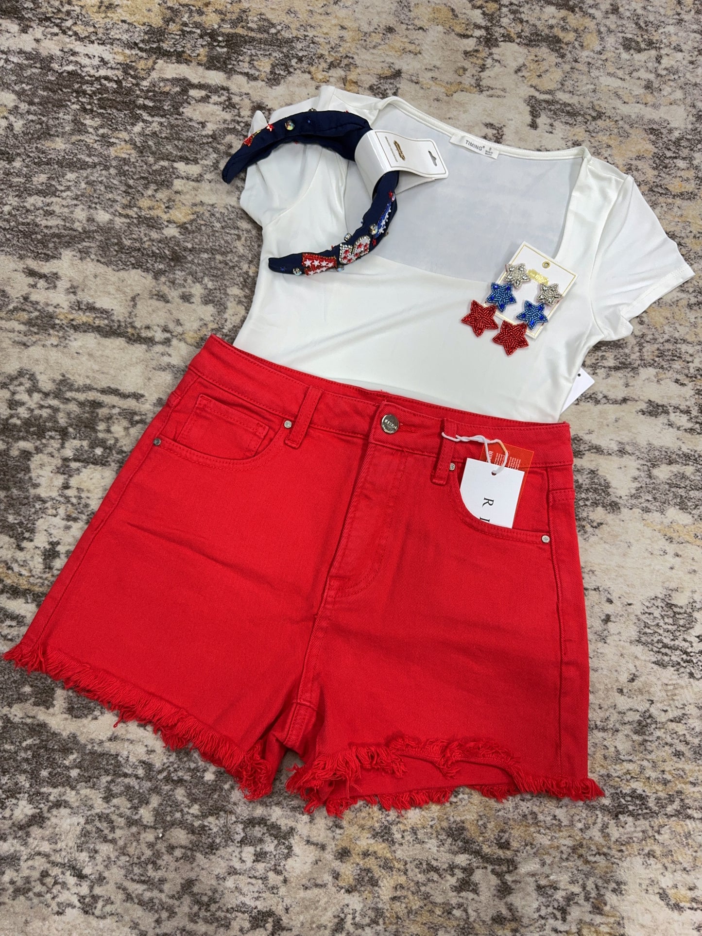 Fiesta Red Denim Frayed Shorts