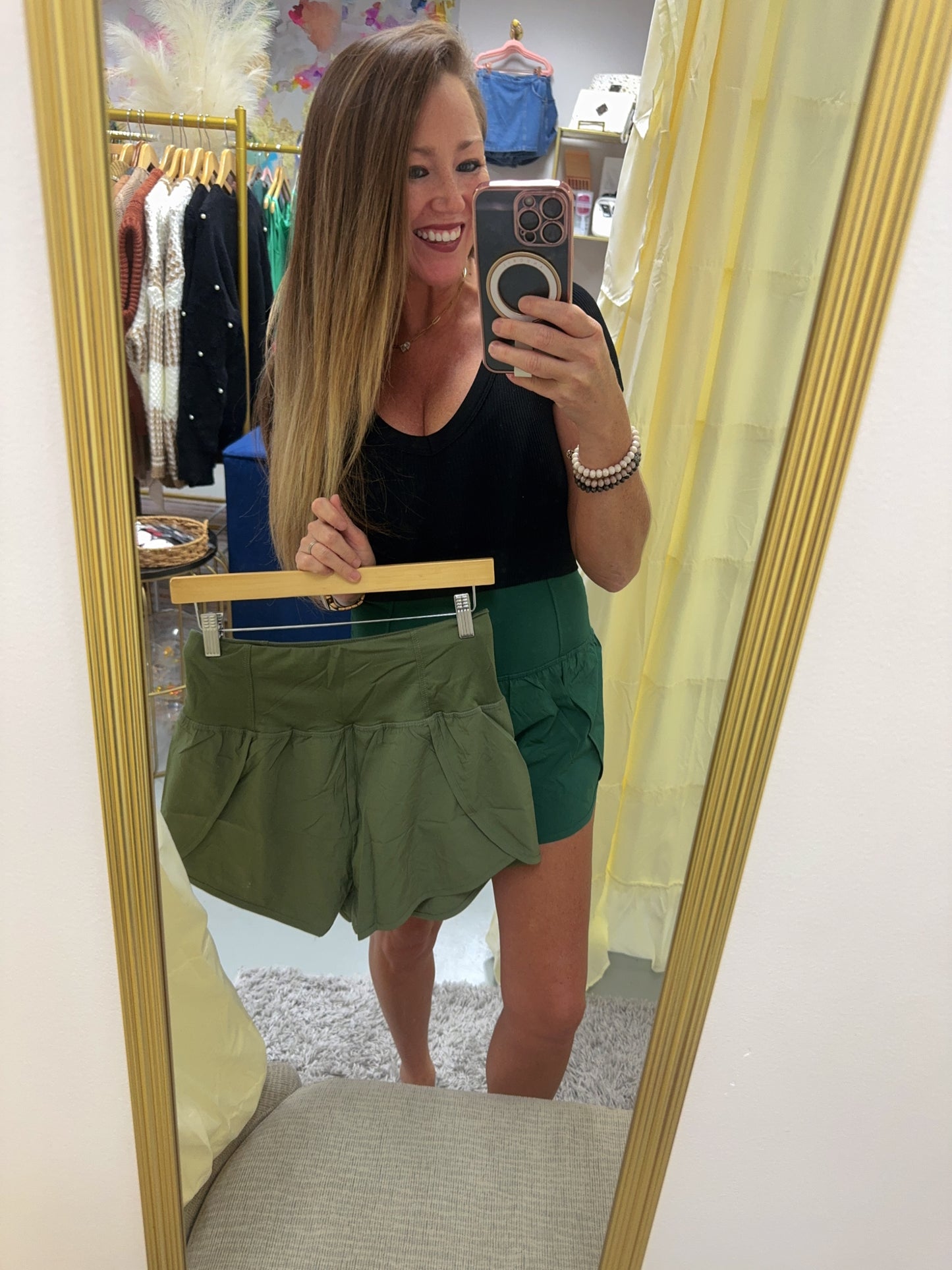 Army Green High Waisted Back Pocket Running Shorts