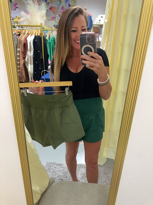 Army Green High Waisted Back Pocket Running Shorts