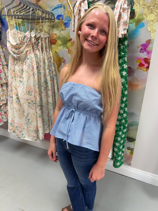 Blue and White Tube Top Blouse