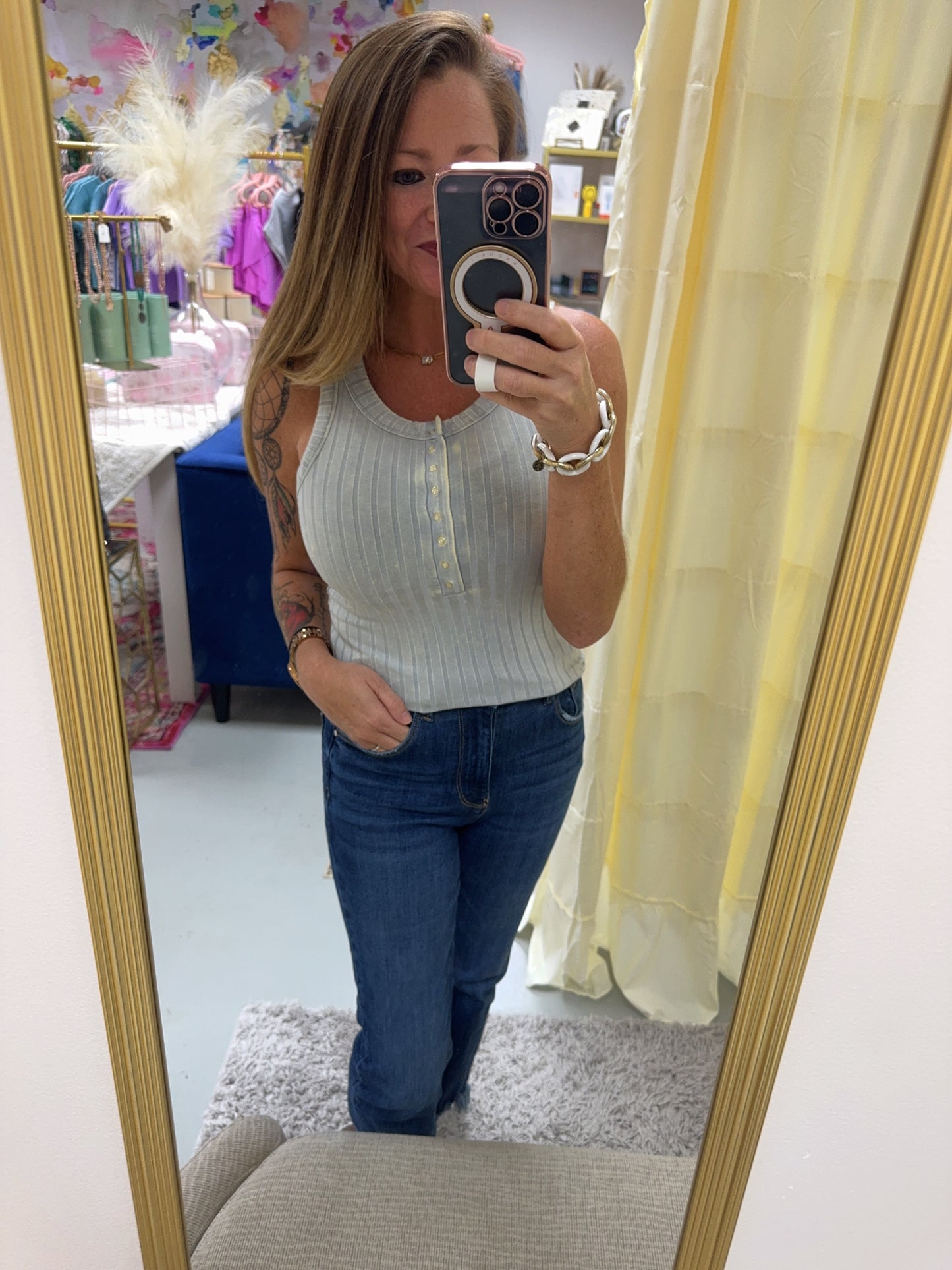 Light Grey Washed Ribbed Scoop Henry Tank Top