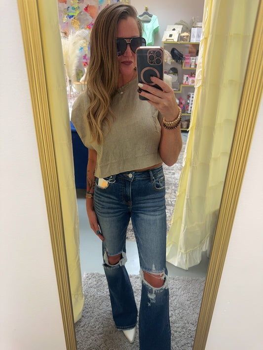 Beige Acid Wash Side Button Crop Top