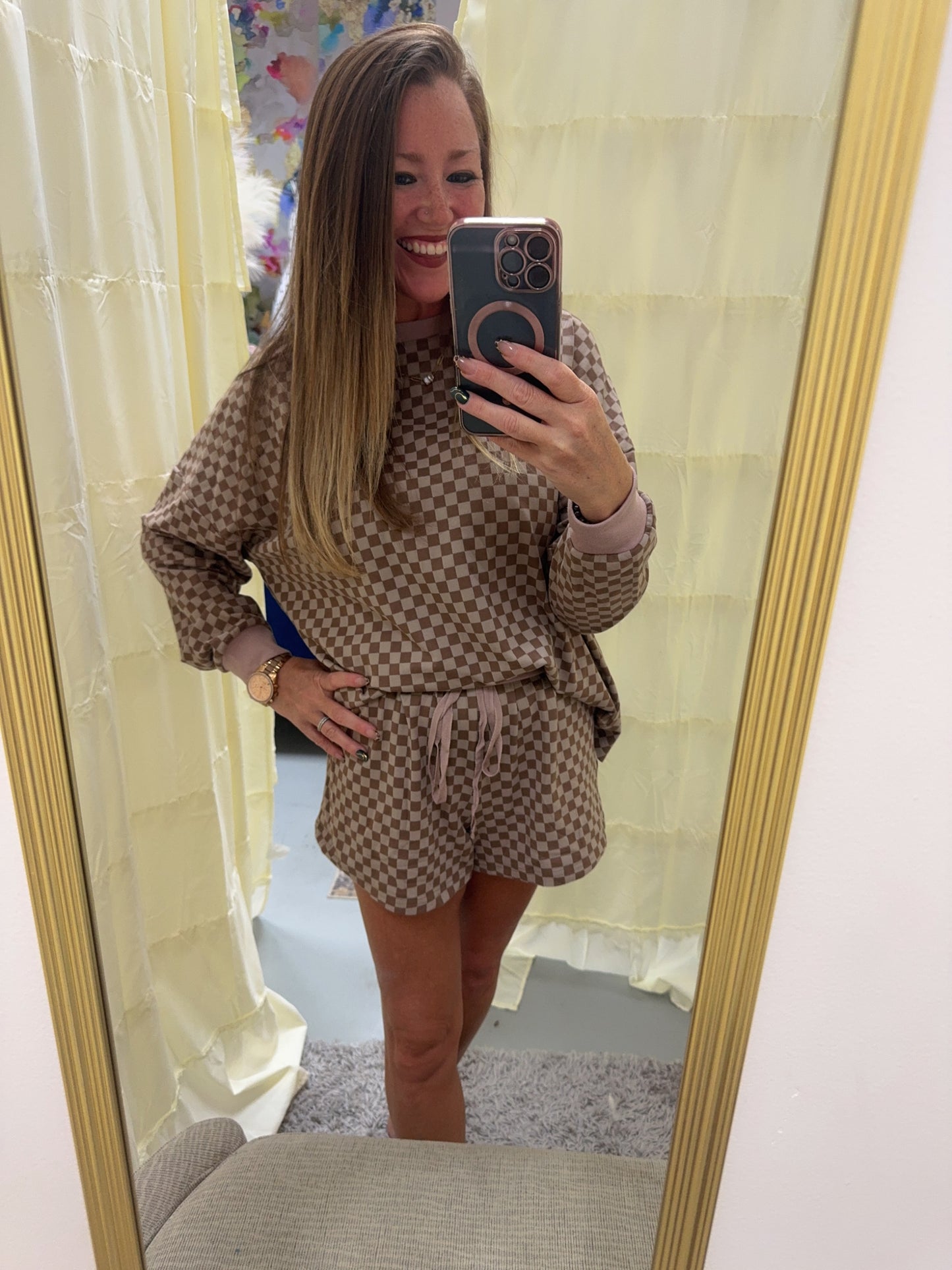 Mocha Checkerboard Knit Pullover & Short Set