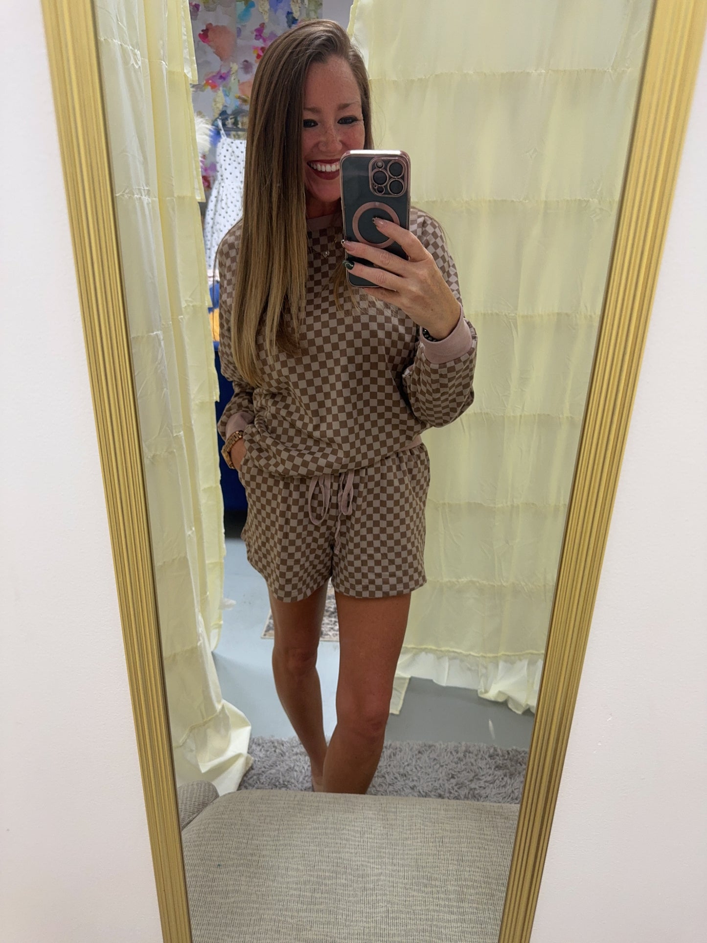 Mocha Checkerboard Knit Pullover & Short Set
