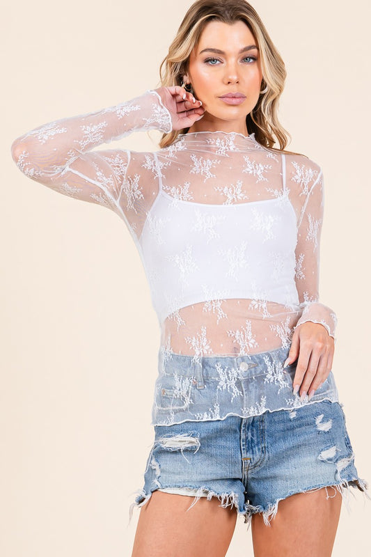 White Long Sleeve Floral Lace Top